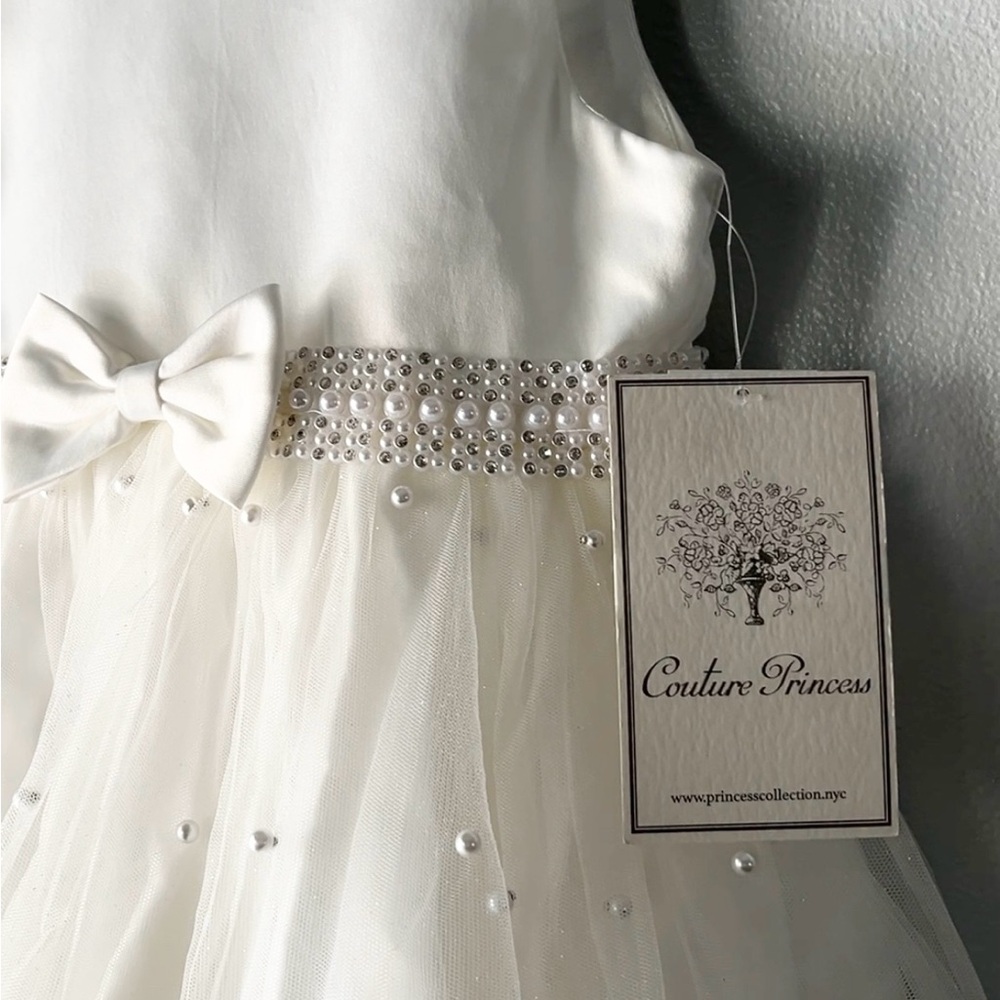 NWT Couture Princess Girls 4T Formal Dress White Tulle Bow Pearl Flower Girl